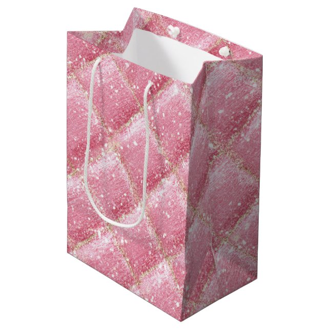Pink Glitter Harlequin Glam Medium Gift Bag (Front Angled)