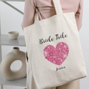 Pink Glitter Heart Bride Tribe Custom Bridesmaid Tote Bag