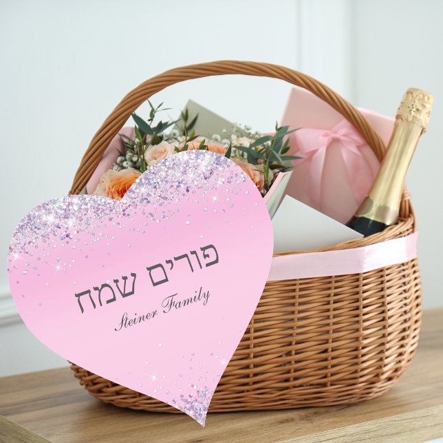 Pink Glitter Heart Happy Purim Label (Creator Uploaded)
