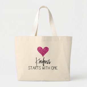 Pink Glitter Heart Kindness Large Tote Bag