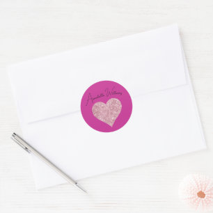 Pink Glitter Heart on Fuchsia Classic Round Sticker