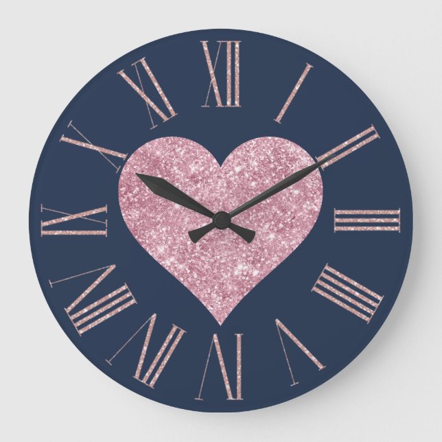 Pink Glitter Heart on Navy Blue Large Clock (Front)