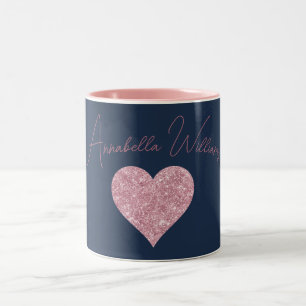Pink Glitter Heart on Navy Blue Two-Tone Coffee Mug