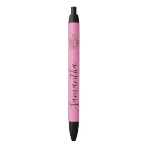 Pink Glitter Heart Personalised Name Black Ink Pen