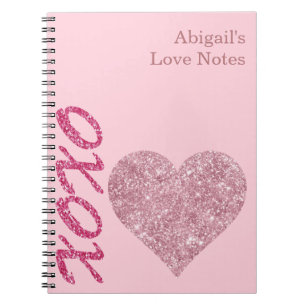 Pink Glitter Heart XOXO Custom Name Love Notes Notebook