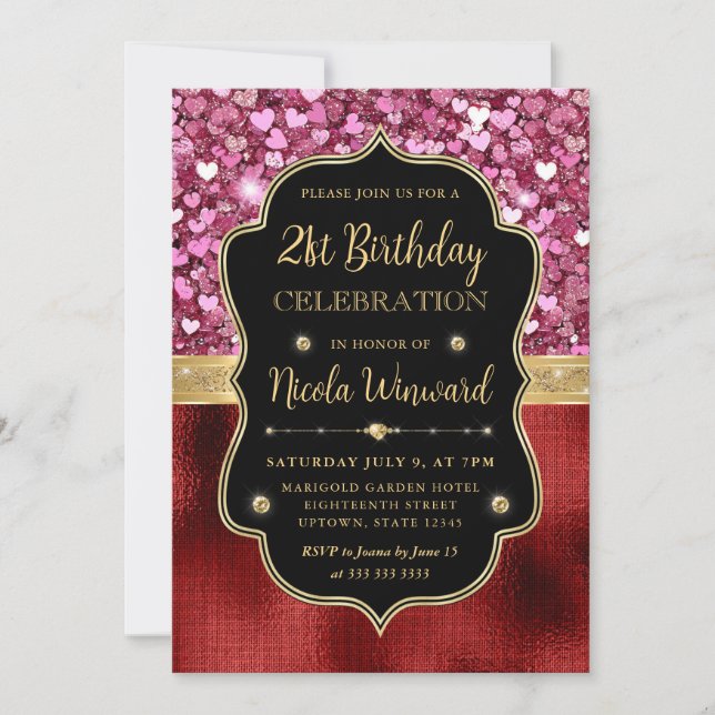 Pink Glitter Hearts and Red Foil 21st Birthday Invitation (Front)