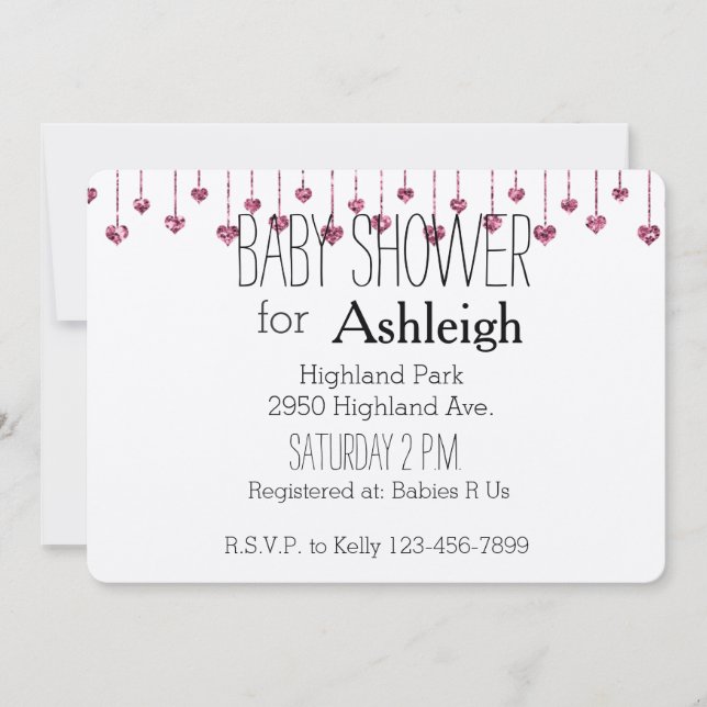Pink Glitter Hearts baby shower Invitation (Front)