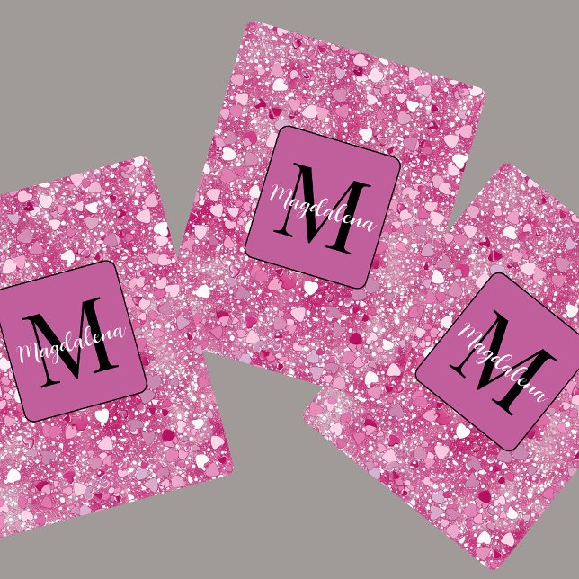 Pink Glitter Hearts Name Monogram Girly  Playing Cards (Creator Uploaded)
