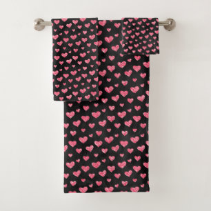 Pink Glitter Hearts on Black Trendy Pattern Bath Towel Set