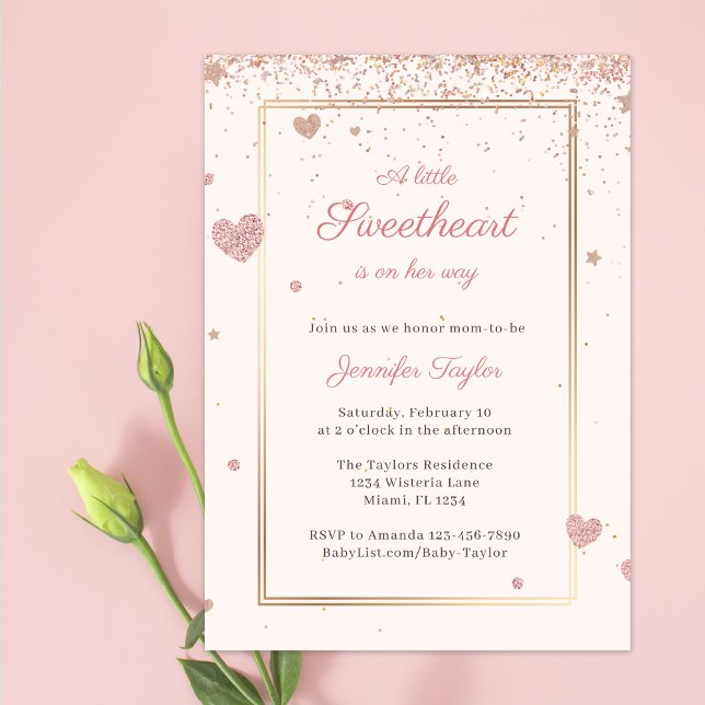 Pink Glitter Hearts Sweetheart Girl Baby Shower Invitation (Creator Uploaded)