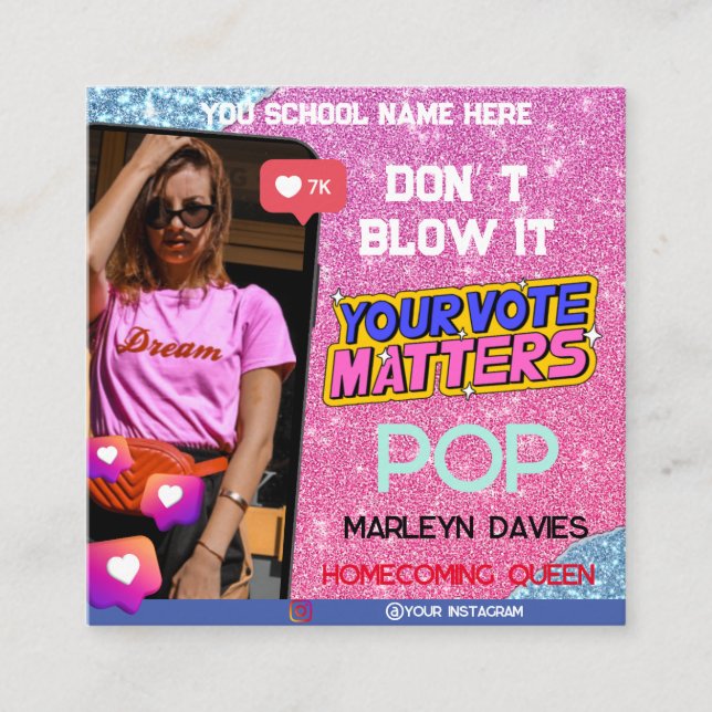 Pink Glitter High School Homecoming Queen Campaign Enclosure Card (Front)