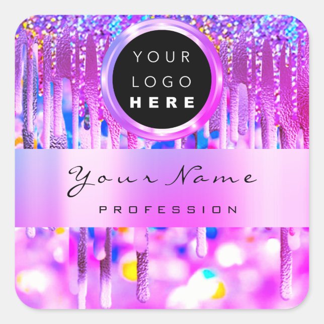 Pink Glitter Holographic Business Logo Name Square Sticker (Front)