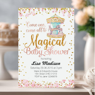 Pink Glitter Horse Carousel Baby Shower Invitation
