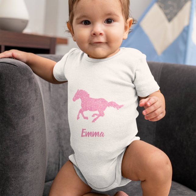 Pink Glitter Horse Little Girl First Name Animal Baby Bodysuit (Creator Uploaded)