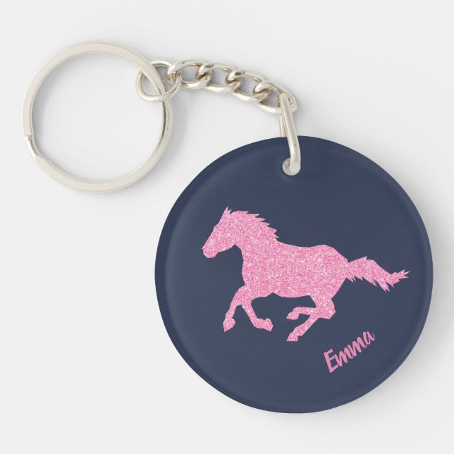 Pink Glitter Horse Little Girl First Name Animal Key Ring (Front)