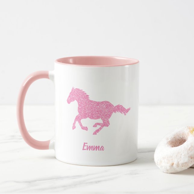 Pink Glitter Horse Little Girl First Name Animal Mug (With Donut)