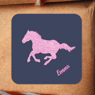 Pink Glitter Horse Little Girl First Name Animal Square Sticker