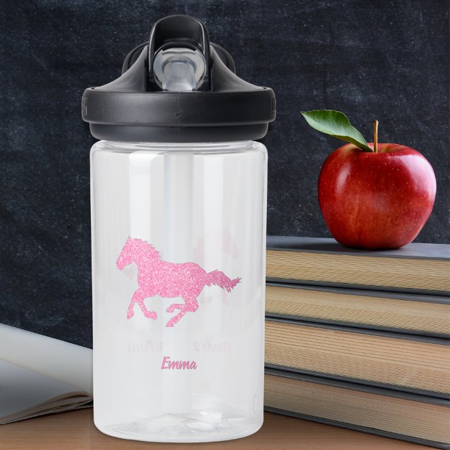 Pink Glitter Horse Little Girl First Name Animal Water Bottle (Creator Uploaded)