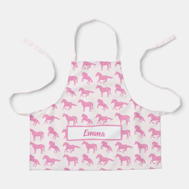 Pink Glitter Horse Pattern Little Girl First Name Apron (Front)