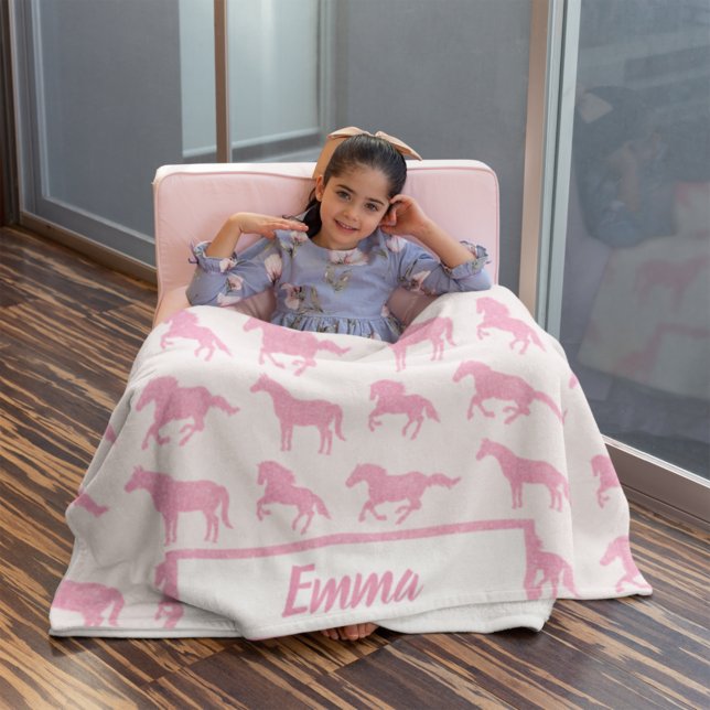 Pink Glitter Horse Pattern Little Girl First Name Fleece Blanket (Creator Uploaded)