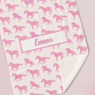 Pink Glitter Horse Pattern Little Girl First Name Sherpa Blanket