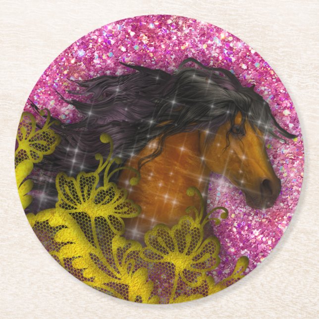 Pink Glitter Horse Round Paper Coaster (Front)