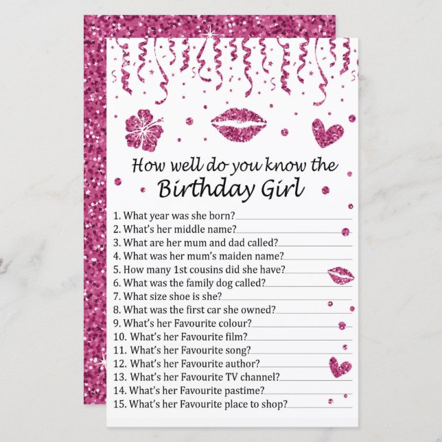 Pink glitter How well do you know the birthday gir (Front/Back)
