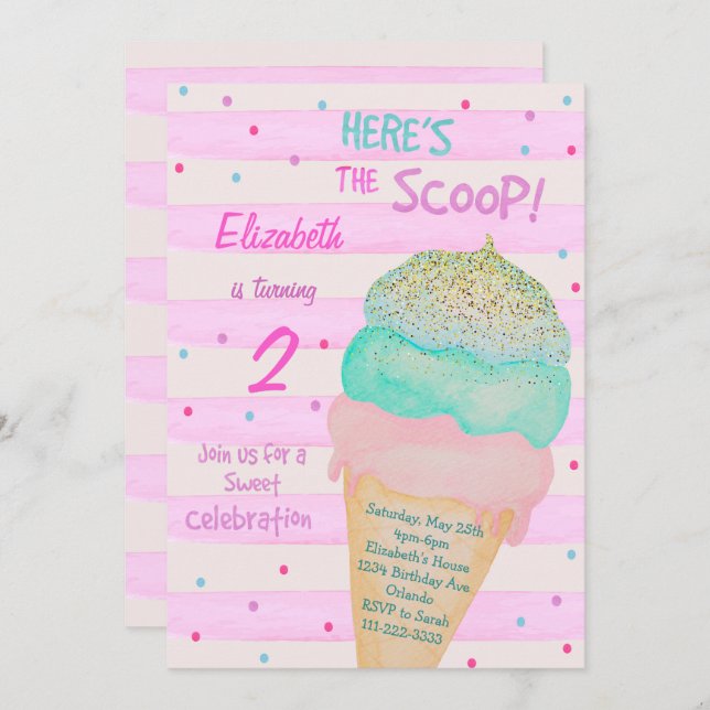 Pink Glitter Ice Cream Birthday Invitation (Front/Back)