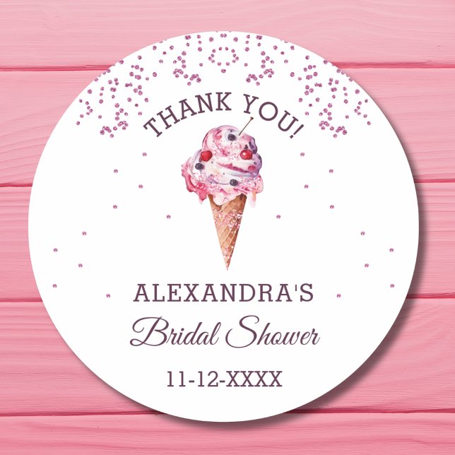 Pink Glitter Ice Cream Bridal Shower Thank You Classic Round Sticker (Creator Uploaded)