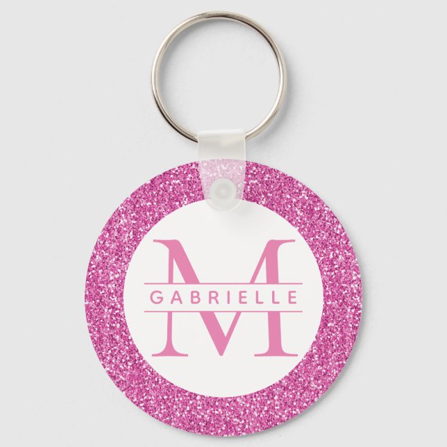 Pink Glitter Initial Monogram Custom Name Keychain (Front)