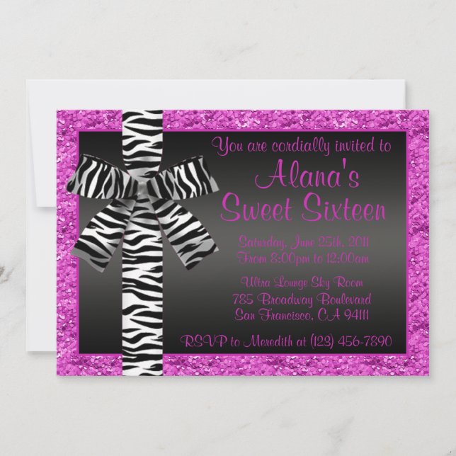 Pink Glitter Invite With Zebra Print Bow (Front)