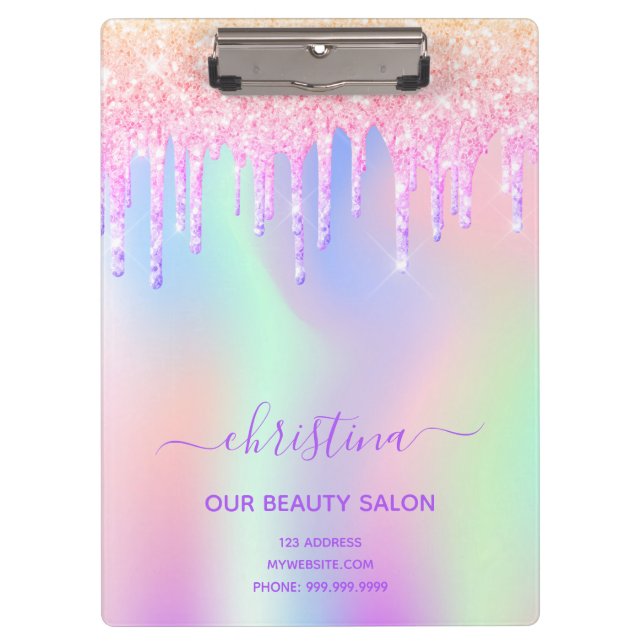 Pink glitter iridescent beauty salon business clipboard (Front)