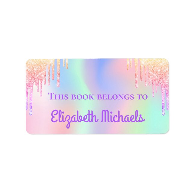 Pink glitter iridescent rainbow name bookplate label (Front)