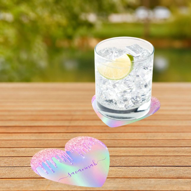 Pink glitter iridescent rose gold rainbow birthday paper coaster (Creator Uploaded)