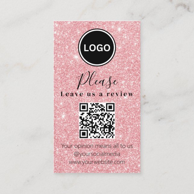 Pink Glitter Leave us a review | QR code Modern Business Card (Back)