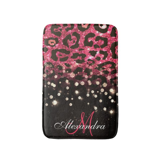 Pink Glitter Leopard Print and Diamonds Bath Mat (Front Vertical)