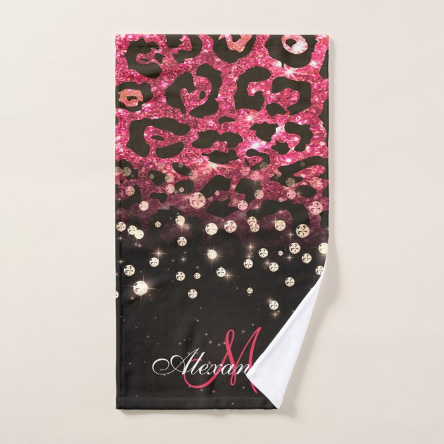 Pink Glitter Leopard Print and Diamonds Bath Towel Set (Hand Towel)