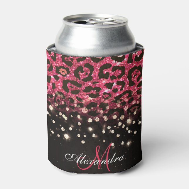 Pink Glitter Leopard Print and Diamonds Can Cooler (Can Front)