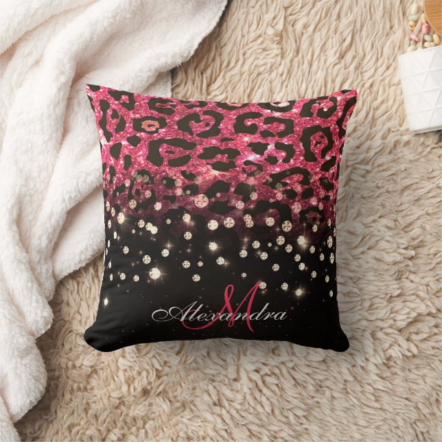 Pink Glitter Leopard Print and Diamonds Cushion (Blanket)