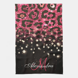 Pink Glitter Leopard Print and Diamonds Tea Towel