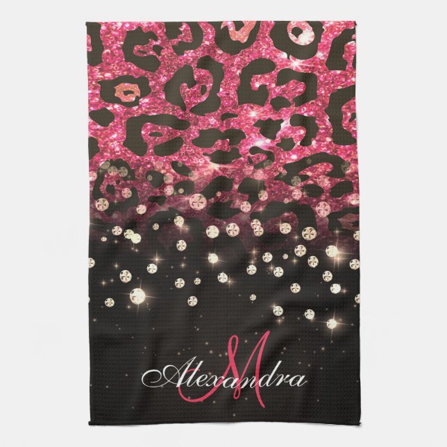 Pink Glitter Leopard Print and Diamonds Tea Towel (Vertical)