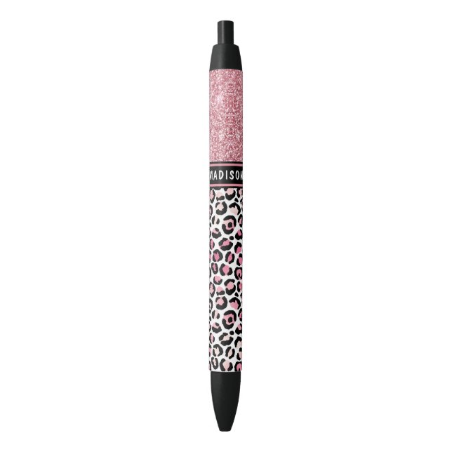Pink Glitter Leopard Print Shimmer Custom Name Black Ink Pen (Front Vertical)