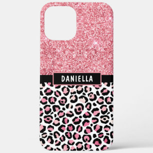 Pink Glitter Leopard Print Shimmer Personalised iPhone 12 Pro Max Case