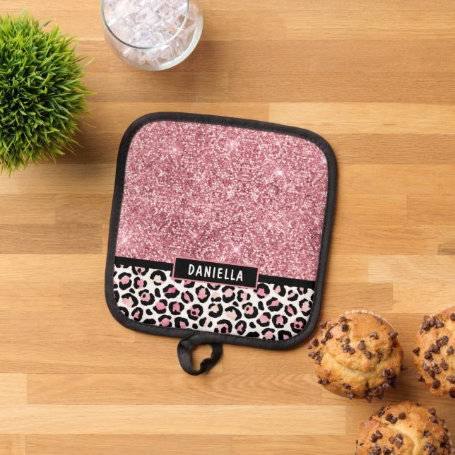 Pink Glitter Leopard Print Shimmer Personalised Pot Holder (Top Down)