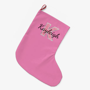 Pink Glitter letter K Large Christmas Stocking