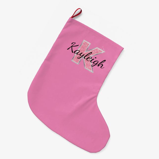 Pink Glitter letter K Large Christmas Stocking (Front (Hanging))