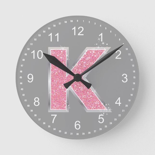 Pink Glitter letter K Round Clock (Front)