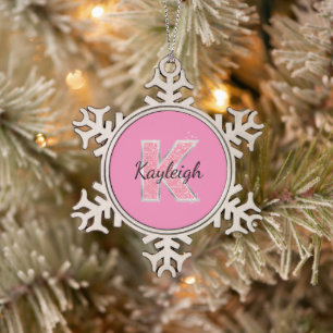 Pink Glitter letter K Snowflake Pewter Christmas Ornament