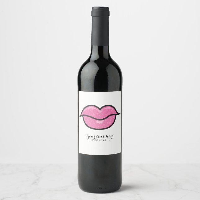 Pink Glitter Lips Kiss Makeup Beauty Party Wine Label (Front)
