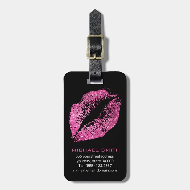 Pink Glitter Lips Luggage Tag (Front Vertical)